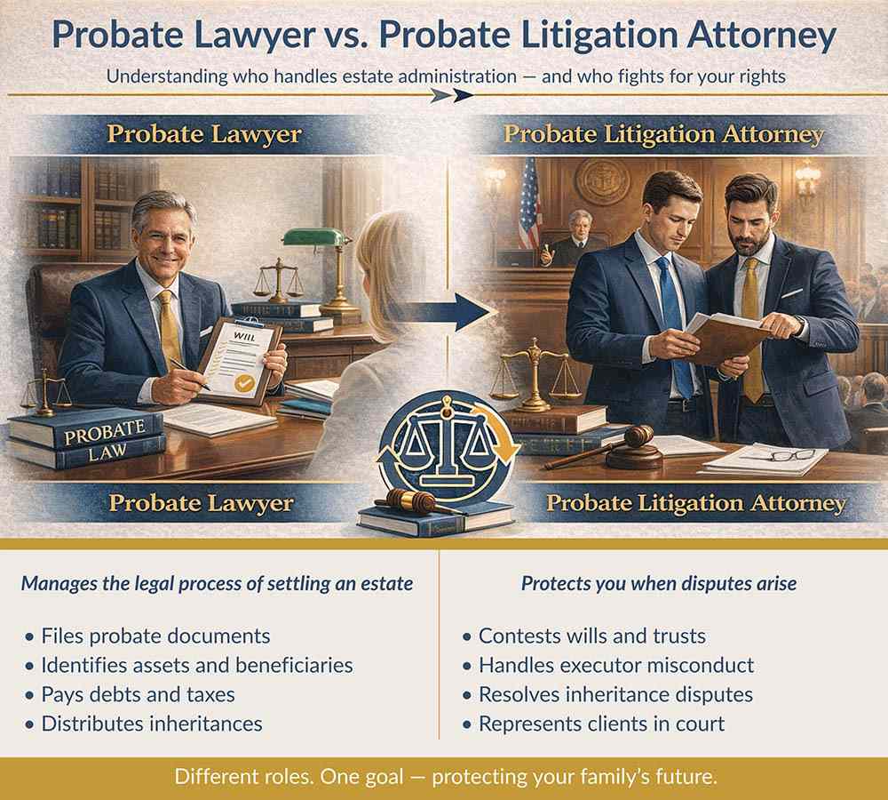 Infographic showing the difference between a probate lawyer and a probate litigation attorney in Queens, New York